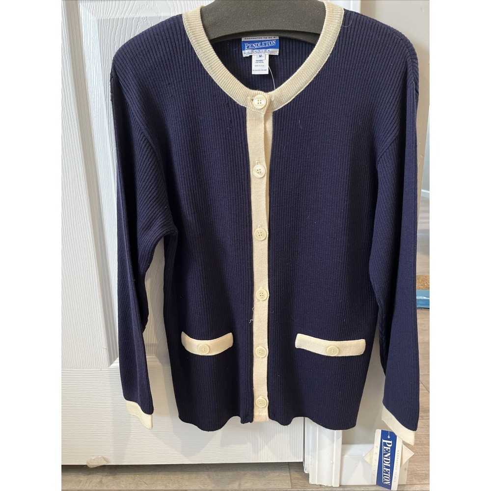 Vintage Pendleton 100% Wool Women's Blue Cardigan Sweater Size M Preppy NWT